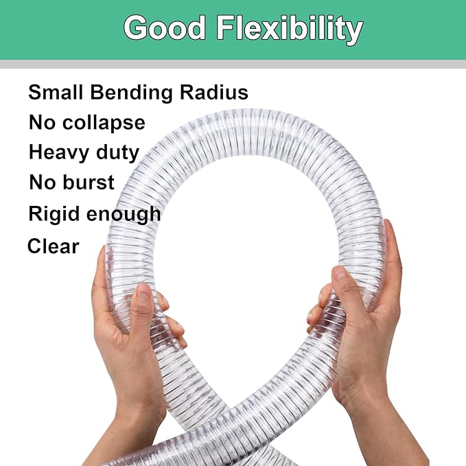 Wire Reinforced Hose 1-1/2" id - 5ft Clear High Pressure Suction Line Plastic Vinyl Tubing with Spiral Steel Wire Suction Hose, Drain Water Fuel Powder