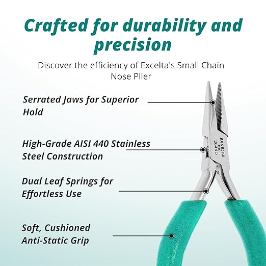 Excelta 2644D Small Chain Nose Pliers, Stainless Steel, Serrated Jaws, Dual Leaf Springs, Soft Cushioned Anti-Static Grip, 4.75 Inch Length, Designed for General Purpose Applications, Intermediate