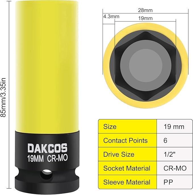 19mm Impact Lug Nut Socket, 1/2 inch Drive, With Protective Sleeves,CR-MO