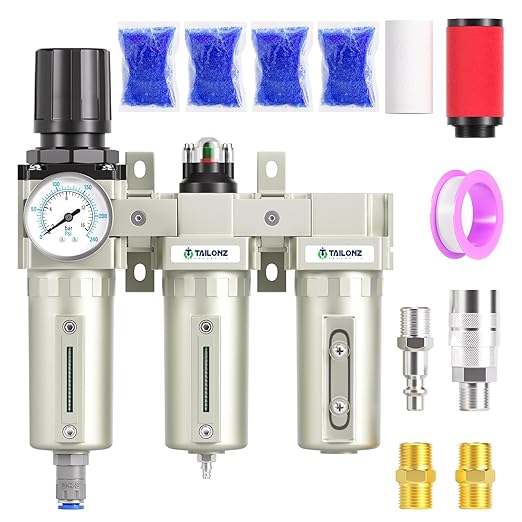 TAILONZ PNEUMATIC 0-240PSI 3/4" NPT Industrial 3-Stage Air Dryer System ??Particulate Filter, Coalescing Filter, Desiccant Dryer & Regulator (Auto Drain)
