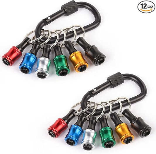 Katerk 6pcs 1/4 inch Hex Shank Aluminum Alloy Screwdriver Bits Holder 2 Sets, Light-weight Quick-change Extension Bar Keychain Drill Screw Adapter Change Portable (With Black Carabiner)