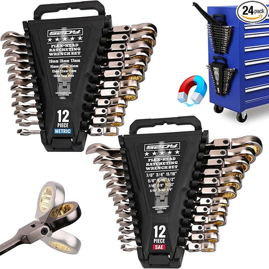 Premium 24-Piece Flex-Head Ratchet Wrenches Set with Magnetic Organizers, Metric SAE 8-19mm 1/4"-7/8", Cr-V Ratcheting Wrenches with 72 Teeth 180째 Flex Head, Ratchet Combination Wrench Set for Repair