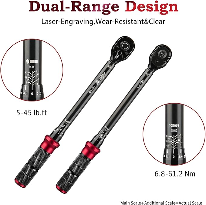 AEROFORCE 3/8-Inch Drive Torque Wrench竊?-45 lb.ft / 6.8-61.2 Nm),72 Tooth Dual Direction Reversible Ratchet, Dual Range Scales, Precision Calibrated for Bike, Motorcycle and Car Repair