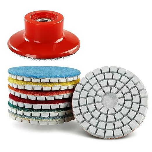 2inch 50mm Diamond Water Grinding Pad, 7 Different Grit 50#-3000# Wet Sanding Discs & M14 Thread Hook & Loop Backing Holder for Detail Fine Buffing Polishing (8Pcs/Set)