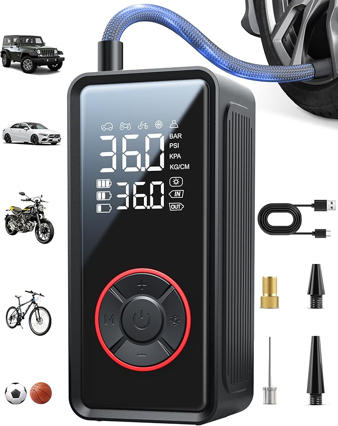 Tire Inflator Portable Air Compressor - 3X Faster Inflation Air Pump with LED Light, Auto Shut-Off Tire Pump with 4 Nozzles for Car, Motorcycle, Bicycle, Ball, Black