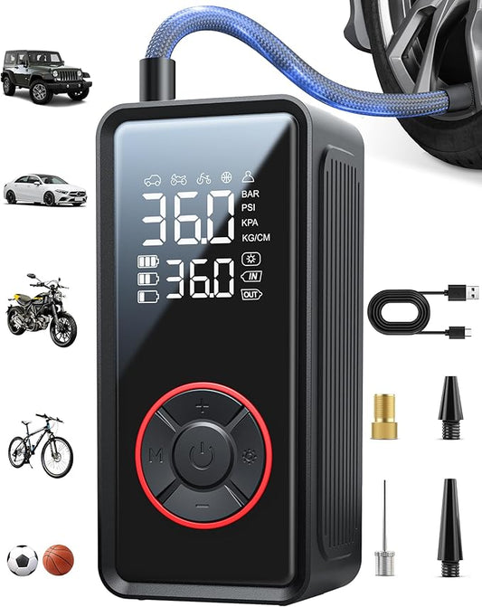 Tire Inflator Portable Air Compressor - 3X Faster Inflation Air Pump with LED Light, Auto Shut-Off Tire Pump with 4 Nozzles for Car, Motorcycle, Bicycle, Ball, Black