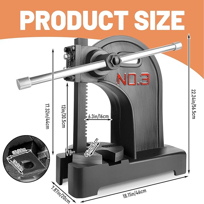 3 Ton Arbor Press Manual Heavy Duty Arbor Press Machine,12" Work Height,Manual Arbor Press Cast Iron Desktop Punch Press,for Punching,Bending,Stretching