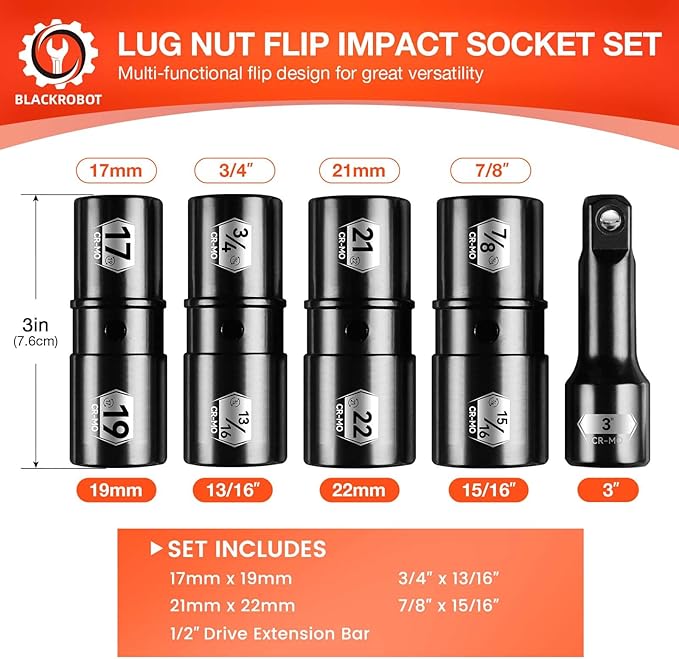 BLACKROBOT 5-Piece 1/2" Drive Lug Nut Impact Socket Set, Include 17mm횞19mm, 21mm횞22mm, 3/4"횞13/16", 7/8"횞15/16" & 3" Extension Bar, Flip Socket Design, Cr-Mo Steel with Electroplated Surface