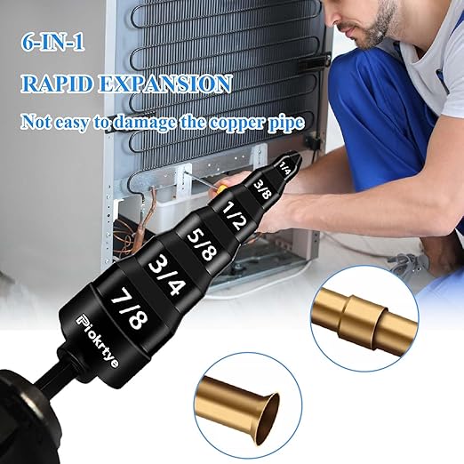6-in-1 HVAC Repair Tool with Bit Holder, Swage Tube Expander, Boring Drill Bits, Air Conditioner Copper Pipe Flaring Tool with 1/4", 3/8", 1/2", 5/8", 3/4" and 7/8" Bits