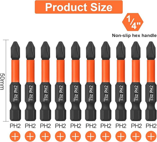 Pro PH2 Screwdriver Bit Set - Phillips Screwdriver 10 pieces, 50mm length, 1/4" hex shank bit assortment, with Storage Box