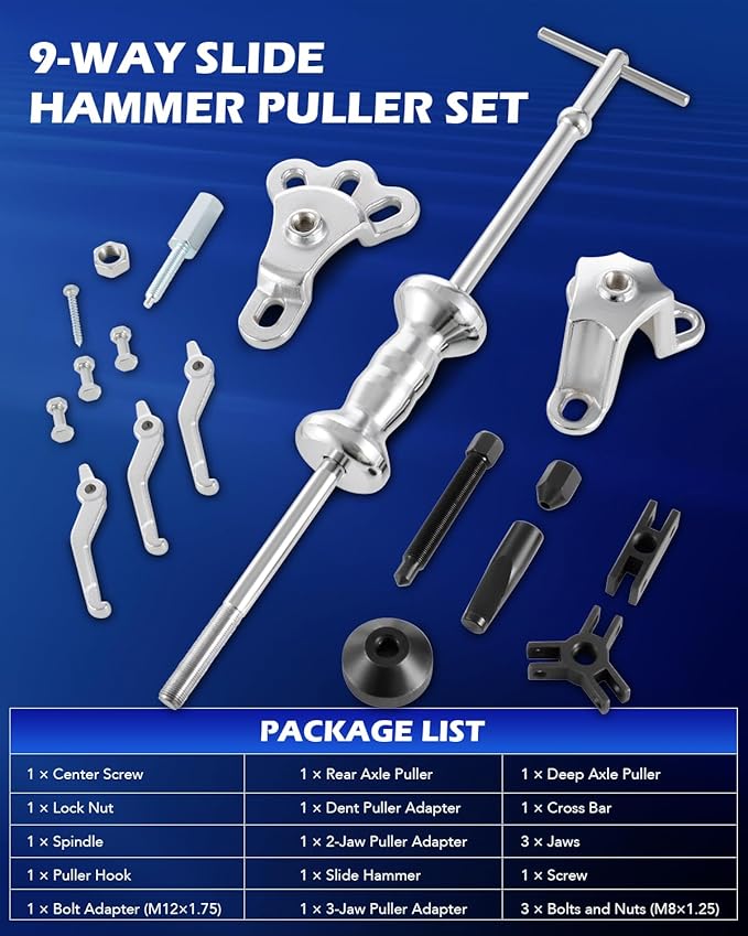 Orion Motor Tech Slide Hammer, 9-Way Internal/External Slide Hammer Puller Set - Pulls Hubs, Rear Wheel Axle Shafts, Bearings, Bushings, Seals, Retainers