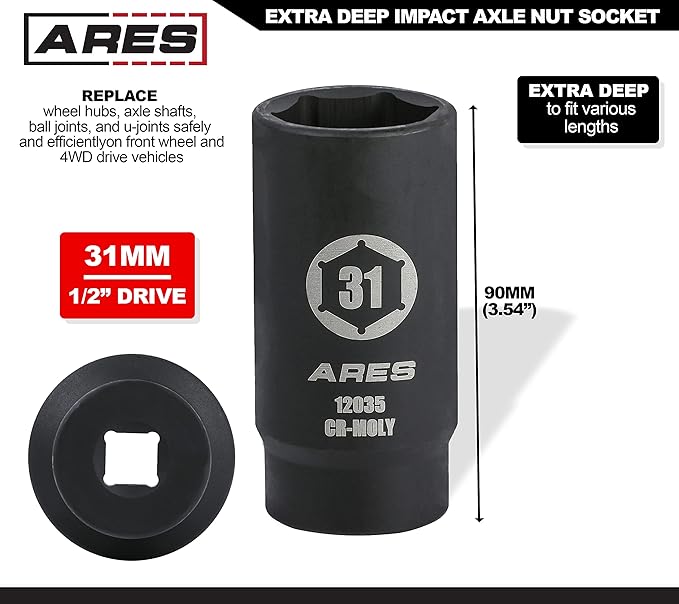 ARES 12035-31MM Axle Nut Socket - 6 Point Socket - Extra Deep 1/2-Inch Drive Impact Socket for Easy Removal of Axle Shaft Nuts