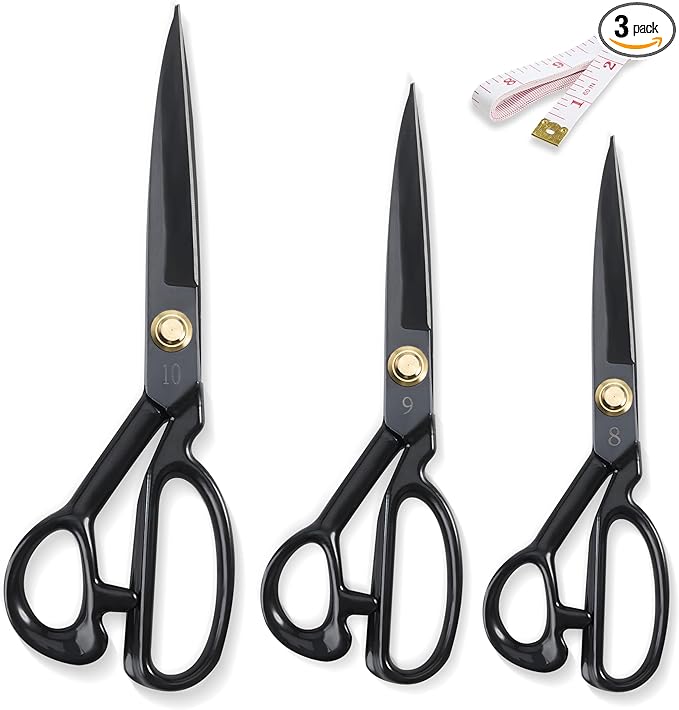 Fabric Scissors, 3 Pcs Forged Stainless Steel Sewing Scissors All Purpose Heavy Duty with Tempered Blades, Adjustable Joint Nut and Comfort Handle, Includes Measuring Tapes, 3 Sizes