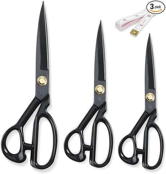 Fabric Scissors, 3 Pcs Forged Stainless Steel Sewing Scissors All Purpose Heavy Duty with Tempered Blades, Adjustable Joint Nut and Comfort Handle, Includes Measuring Tapes, 3 Sizes