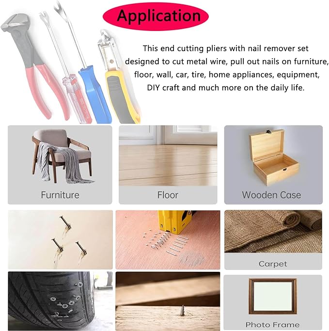 Construction and Upholstery Staple Remover Tack Puller Nail Remover Tool Set Nail Puller Plier, Staple Puller, Tack Lifter, Fastener Remover, for Furniture Floor Wall Wooden Case Car Photo