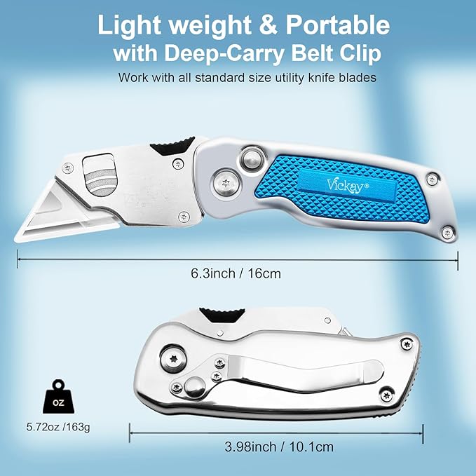 Vickay Box Cutter, Utility Knife with Clip, Stainless Steel Body Handle, Quick-change Blade and Safety Axis Lock, Razor Knife, Cardboard Cutter with Extra 5PC SK5 Blades (Blue)