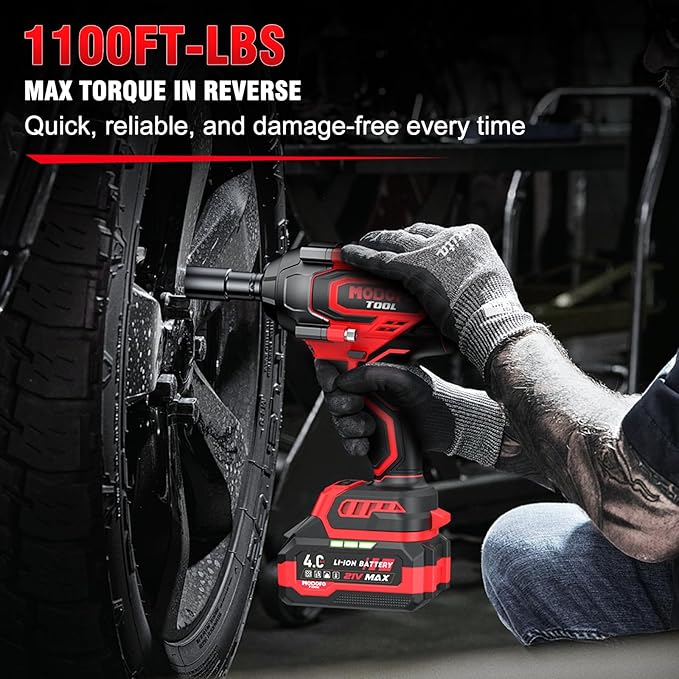 1500N.m (1100ft-lbs) Cordless Impact Wrench, 1/2 High Torque Brushless Impact Drill with 3500RPM Power, 2 x 4.0Ah Batteries, Fast Charger, Variable Speeds for Car/Truck RV/Mower (Red)
