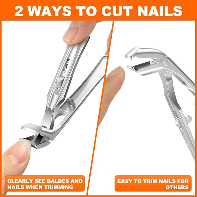 Toenail Clippers for Seniors Thick Toenails, Upgrade Angled Head Large Toe Nail Clippers for Men with Wide Jaw Opening, Sharp Heavy Duty Fingernail Clipper Cutter with Catcher Long Handle - Silver