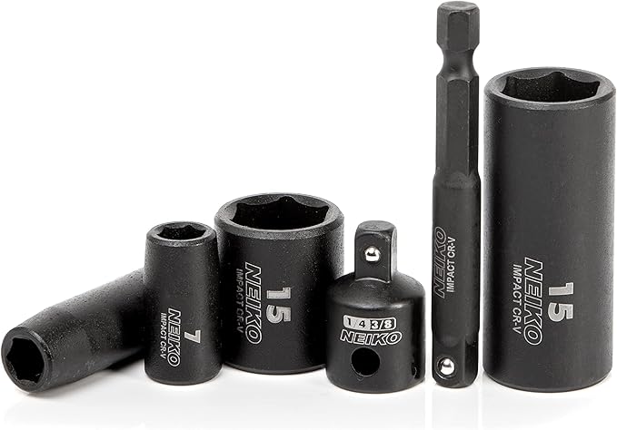 NEIKO 02436A 1/4 Drive Impact Socket Set 50 Piece Metric & Standard, Deep & Shallow Chrome Vanadium Steel 3/8??to 1/4??Reducer Hex Shank Adapter, 1/4 Socket Set Metric and Standard, Deep Socket Set