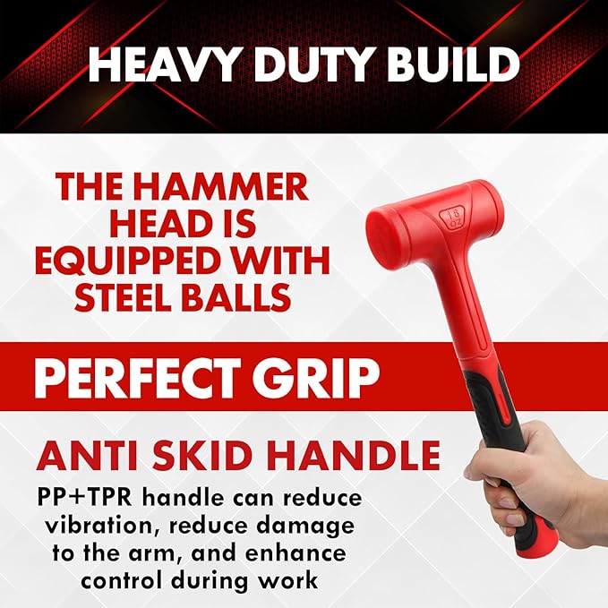 YIYITOOLS Dead Blow Hammer Set, 3 Piece/16oz(1LB),27oz(1.5LB),45oz(3LB),Red and Black, Shockproof Design, No Rebound Mallet Unibody Molded Checkered Grip Spark and Rebound Resistant (YY-3-013)