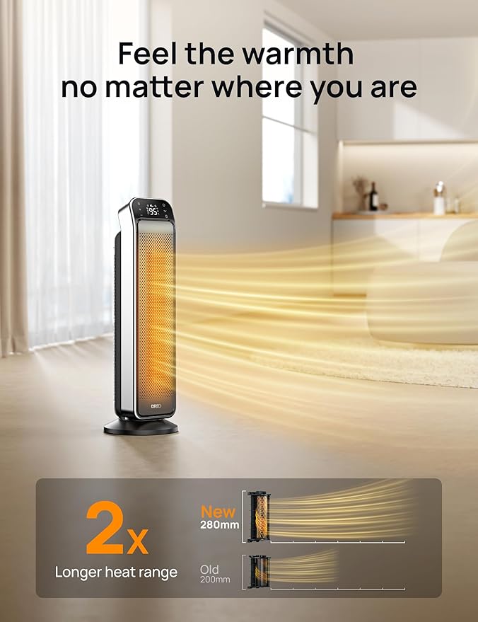Dreo Space Heater Indoor, 25" 11.5ft/s Fast Portable Room Heater with Remote and Thermostat, 3 Modes, Overheating & Tip-Over Protection, Electric Heaters for Indoor Use Large Room, Bedroom, Silver