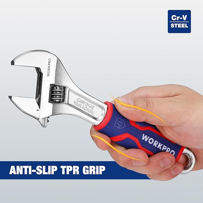 WORKPRO 8-inch Adjustable Wrench, Wide Jaw Opening Wrench with Rubber Anti-slip grip, Metric/SAE Scales, Premium Cr-V Steel, Chrome Plated