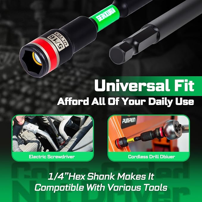 Impact Nut Driver Set, 10 Pieces 2.56???쒵ong 5/16?? Point Alloy Steel Magnetic SAE Nut Setter Set Use For Require Installing 1/4 Hex Shank Impact Driver with Case Box