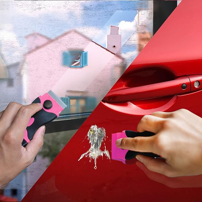 Razor Blade Scraper, Double Edge Razor Scraper Remover Tool with 30 Pcs Razor Blades for Labels Stickers Decals Removal Auto Window Tint Vinyl Tool Application (Pink)