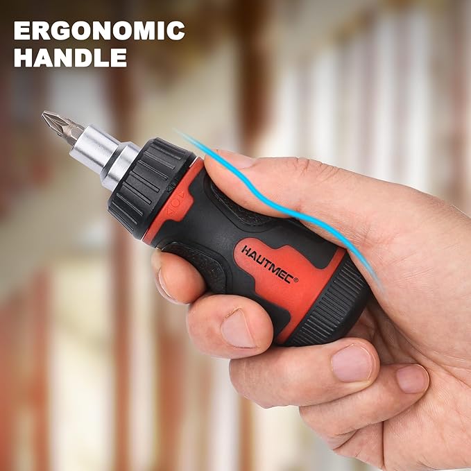 HAUTMEC 8-in-1 Stubby Ratcheting Screwdriver Set, Multi Screwdriver Tool All in One, Ratchet Short Screwdriver Set with Multi Bit Screw Driver for Use in Confined Space, Chrome Vanadium Steel Shaft