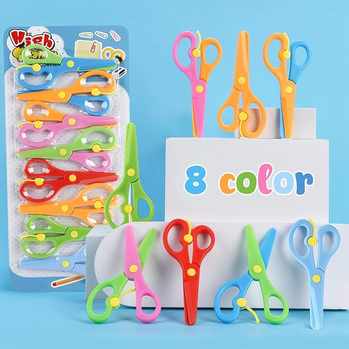 LOVESTOWN Kids Scissors, 8PCS Blunt Tip Training Safety Scissors Stocking Stuffer for Toddler & Children, Anti-Pinch Design, Child Hand-Eye Coordination Development, Art Craft Cutting Paper Supplies