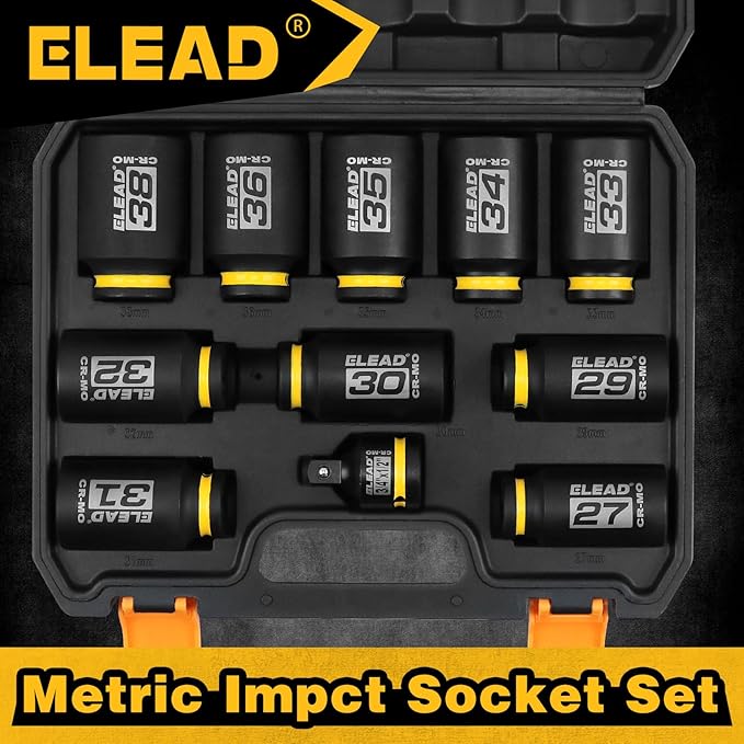 1/2'' Drive Deep Impact Socket Set: 11-Piece Metric Wheel Axle Nut Wrench Large Jumbo 27mm 29mm 30mm 31mm 32mm 33mm 34mm 35mm 36mm 38mm Car Spindle Joint High Torque Truck Bearing Locknut