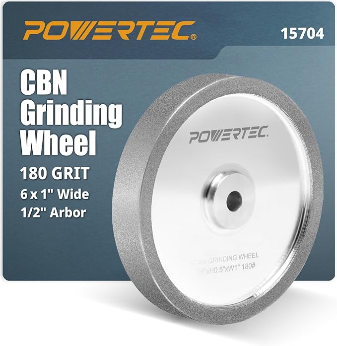 POWERTEC CBN Grinding Wheel 6 Inch 180 Grit, 1" Wide, 1/2" Arbor ??Bench Grinder Sharpening Wheel for HSS Tools, Lathe Chisels, and Woodturning Tools (15704)