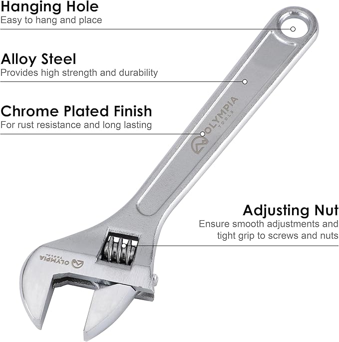 Olympia Tools 8" Adjustable Wrench, Heavy Duty Drop Forged Steel, Chrome Plated, Precision Machined Jaws, Rust Resistant