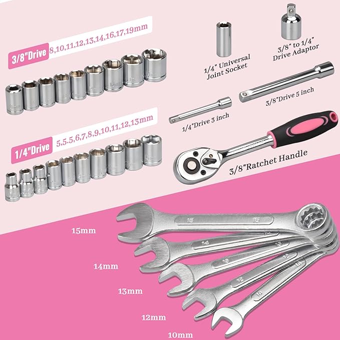 ARUCMIN 450-Piece Pink Tool Set, Home Tool Kit with Toolbox Storage Case Home Repair Tool Kit with Drawer for Women