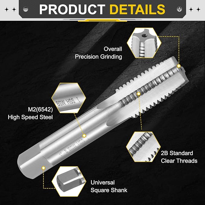 uxcell Hand Taper Tap 1"-8 BSW Thread Taper Style Taps Straight Flute Screw Tapping Threading Tool High Speed Steel HSS6542