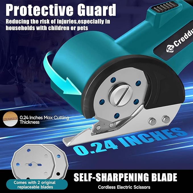 Cordless Electric Scissors竊똂ardboard Cutter Heavy Duty Scissor with 3 Blade, Safety Lock & Extra Blade竊똓otary Cutter for Cardboard Fabric Plastic Leather Dark Blue