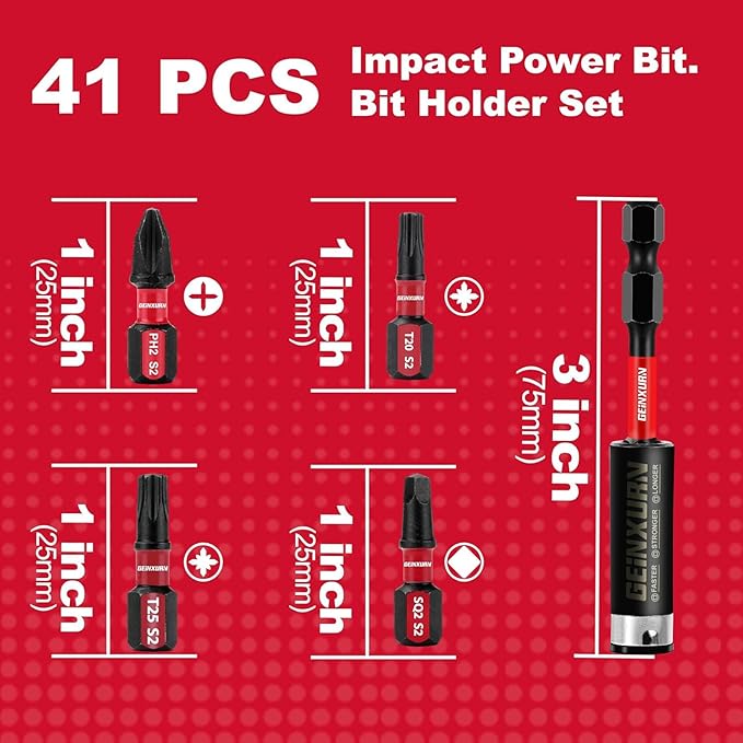 Impact Tough Phillips Square Torx 1 in. Insert Driver Bits, 41Pack T20/T25/PH2/SQ2 Screwdriver Power Bits Set with 1Pcs Impact Bit Holder