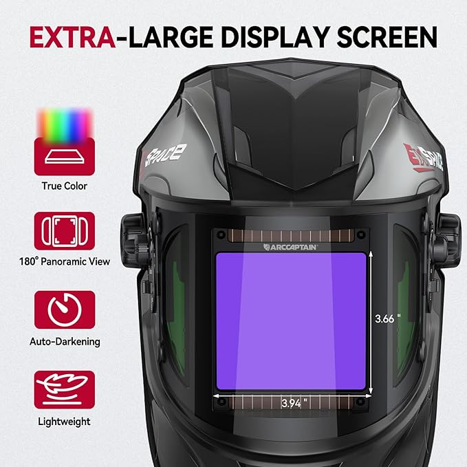 ARCCAPTAIN Auto Darkening Welding Helmet with Side View, 180째 Panoramic View, 1/1/1/1 True Color Large Viewing Welding Hood with 4 Arc Sensor Solar Powered, Wide Shade 4/5-9/9-13 for TIG MIG ARC CUT