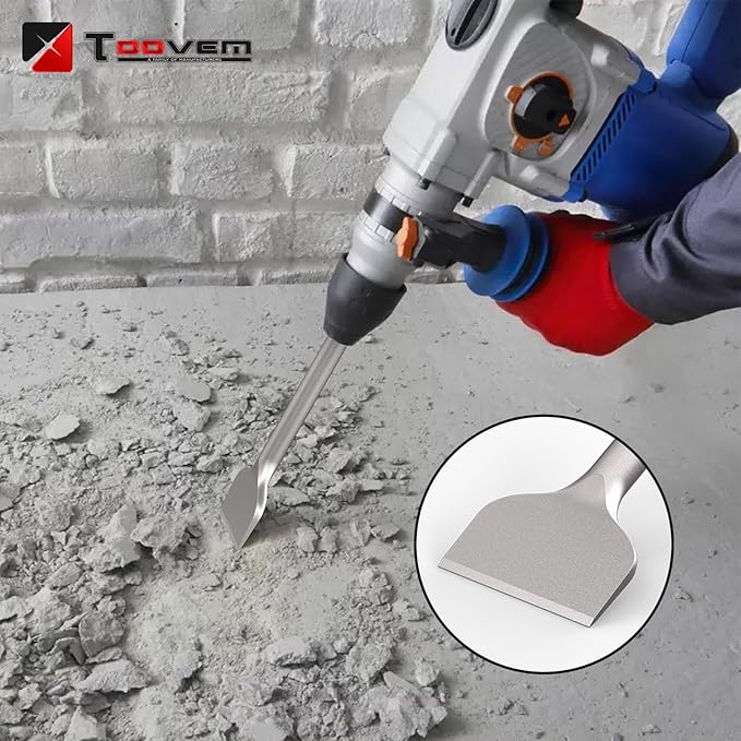 TOOVEM Hex Shank Masonry Chisel, 4 Inch Wide Alloy Steel Demolition Jack Hammer Thinset Scraper Adhesives Remover, Concrete Scraping Chisel Bits for Demolition Concrete Breaker