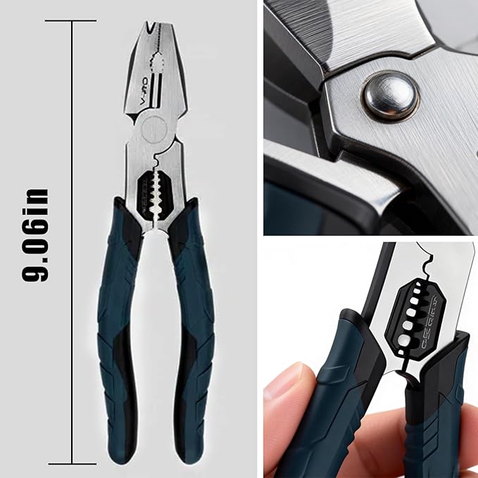 Industrial-Grade Multi-Function Cutting Pliers, 9-in-1 Heavy Duty Wire Cutter & Stripper with Crimper, Nail Puller, Compound Action Tool for Electricians & DIY (2)