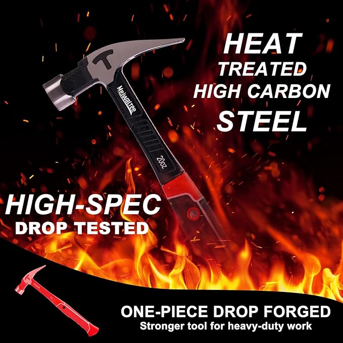 Meiwaltee 20 oz Heavy Duty One-piece Forged Hammer, Straight Claw Hammer with Magnetic Nail Holder, Rip Claw Hammer with Milled Face & Shock-Absorbing Reduction Grip