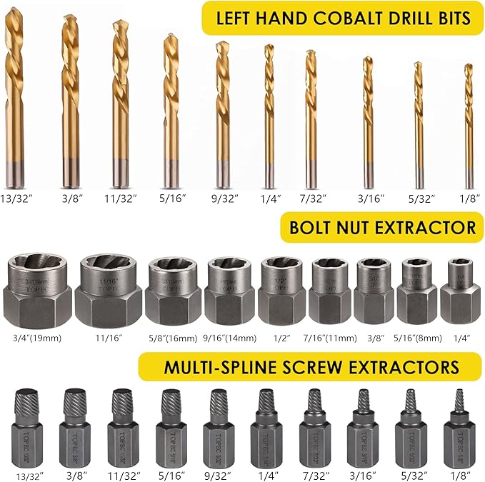 Topec Bolt Extractor Kit, 29 Piece Screw Extractor and Left Hand Drill Bit Set, Easy Out Stripped Lug Nut Remover Socket for Stripped, Damaged, Rounded-Off, Rusted Bolts, Nuts & Screws
