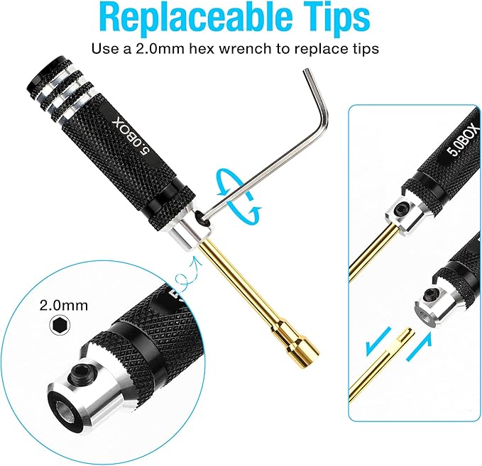7pcs Hex Nut Screwdriver Set, Hexagonal Head Nut Driver Set, Durable Hex Socket Set RC Tools Kit with Replaceable Tips (2.0-5.0) mm for RC Car Truck Hobby Repair