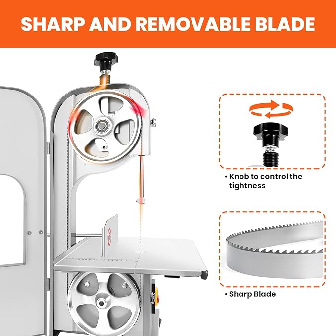 1000W Commercial Electric Meat Bandsaw, 18x14" Stainless Steel Worktable, Cuts 0.04-3.9" Thickness, Frozen Meat Cutter with 8 Blades Included, Electric Bone Saw Machine for Rib Pork Beef