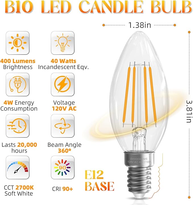 E12 Candelabra Bulb 40 watt Equivalent, E12 LED Bulb Non-Dimmable Chandelier Light Bulbs, B10 Candle Light Bulbs 2700K Soft White, 90+CRI, 400LM, Cear Glass, 12 Pack