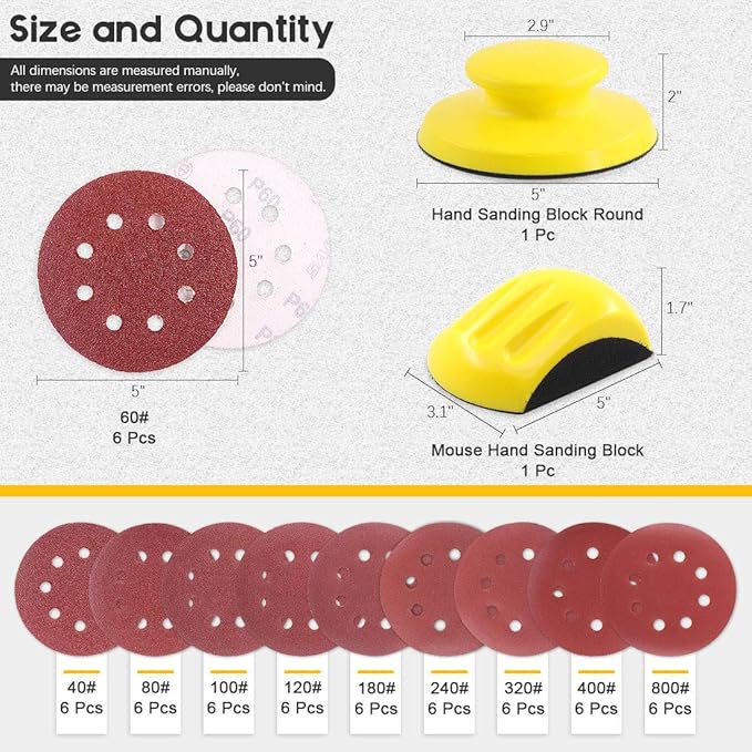Glarks 62Pcs 5 Inch Hand Sanding Blocks Round and Mouse Hand Sanding pad with 60Pcs 8 Hole Hook and Loop Sanding Disc Set for Woodworking, Furniture Restoration, Home and Automotive Body