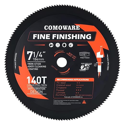 COMOWARE 7-1/4“ Circular Saw Blade, 140T Table Saw Blade, 5/8" Arbor, ATB Circular Saw Blade, Anti-Vibration, Teflon Anti-Stick, Miter Saws Blades for Wood, Laminate, Plywood & Hardwoods