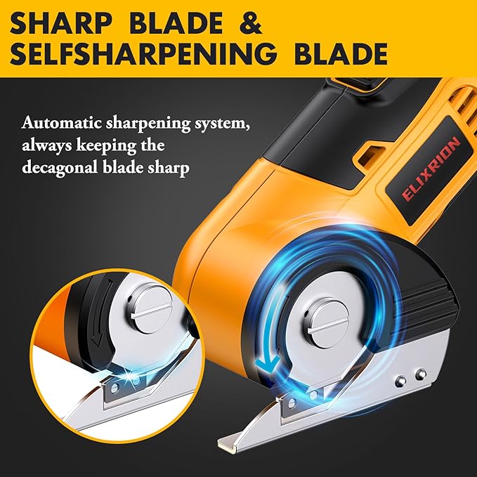 Cordless Electric Scissors Rotary Cutter with 2 Blades & Storage Bag | 4V 2000mAh Rechargeable | Heavy Duty for Cardboard Fabric Carpet Leather | Lightweight Portable (Yellow)