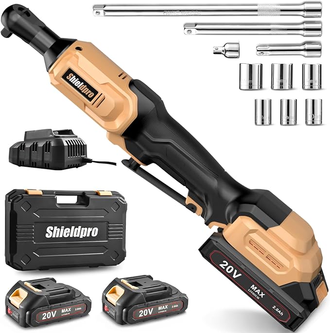 SHIELDPRO 20V Electric Ratchet Wrench Set, 3/8" Cordless Ratchet Kit 400RPM, Torque Ratchets, LED Light, 2 Batteries, Fast Charger, Sockets, Adapters, Extension Bars (Yellow)