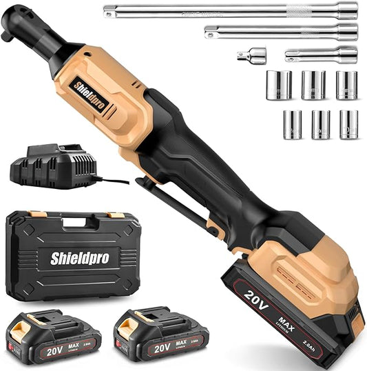 SHIELDPRO 20V Electric Ratchet Wrench Set, 3/8" Cordless Ratchet Kit 400RPM, Torque Ratchets, LED Light, 2 Batteries, Fast Charger, Sockets, Adapters, Extension Bars (Yellow)